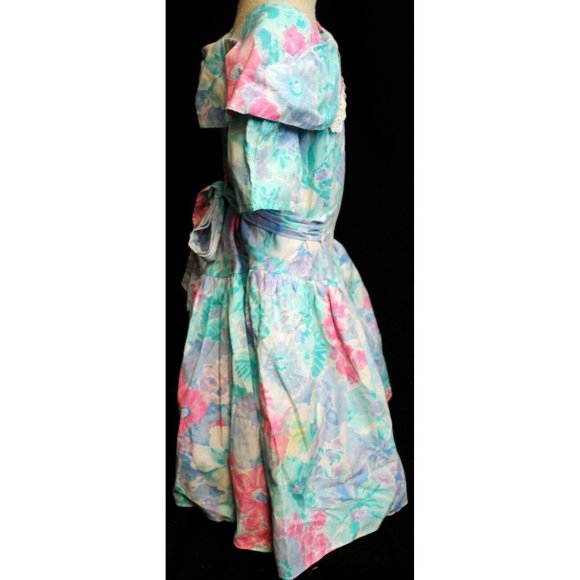 VTG 1990s Misty Rose Dress Girls Sz 10 Blue Pink Watercolor Floral Short Sleeve - Picture 4 of 6